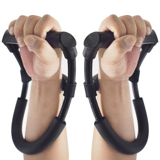 Hands gripping a hand grip strength trainer for fitness, enhancing wrist and forearm strength.